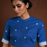 Blue Cotton Blouse with Half Sleeves and High Neck - Anvi Couture