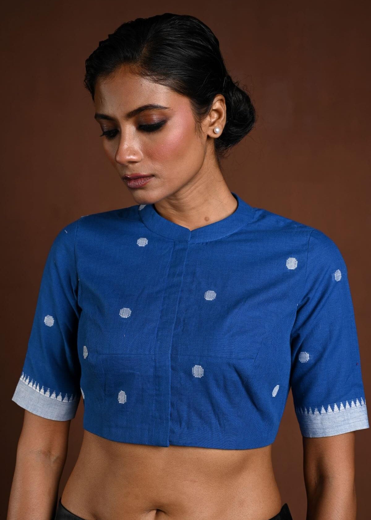 Blue Cotton Blouse with Half Sleeves and High Neck - Anvi Couture