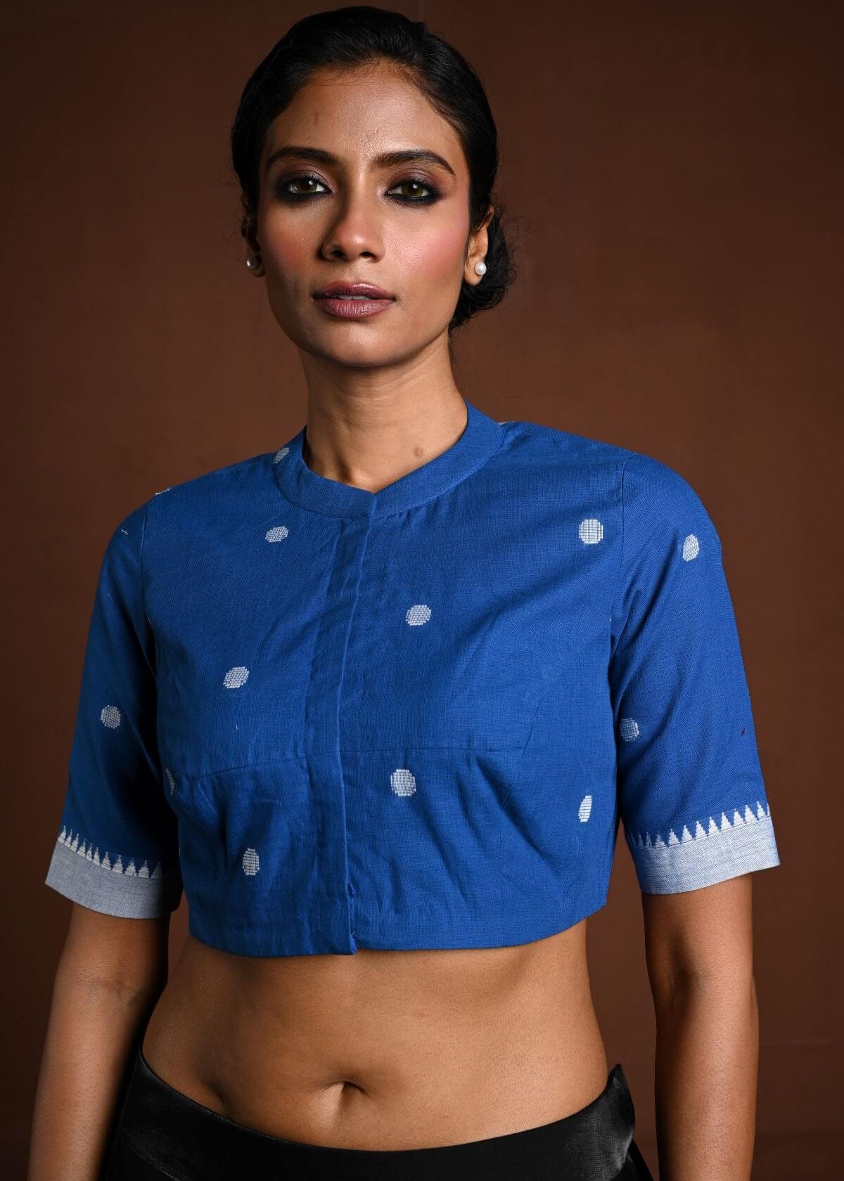 Blue Cotton Blouse with Half Sleeves and High Neck - Anvi Couture