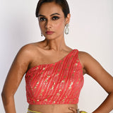 Lime Green Georgette Saree with Pink One-Shoulder Blouse - Image 4