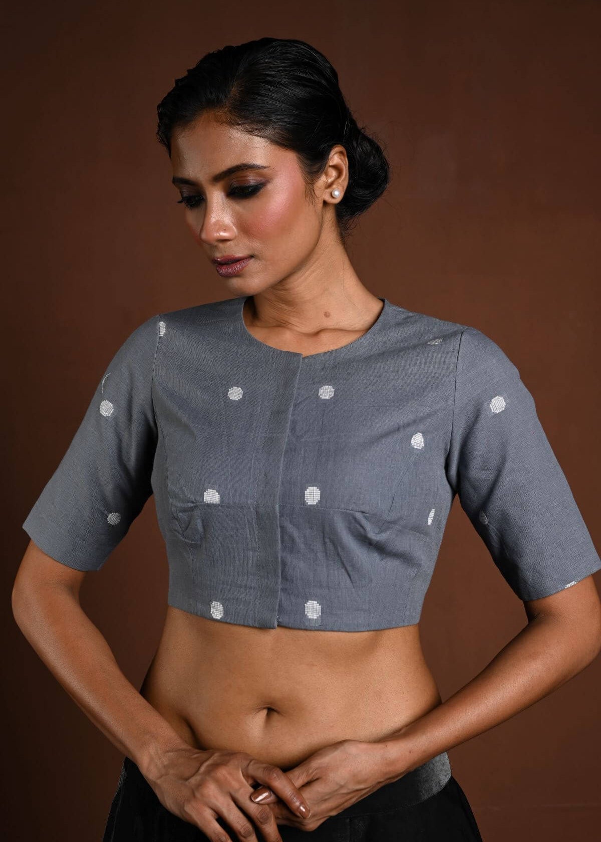 Gray Half Sleeve Blouse in Cotton with High Neck - Anvi Couture - Image 1