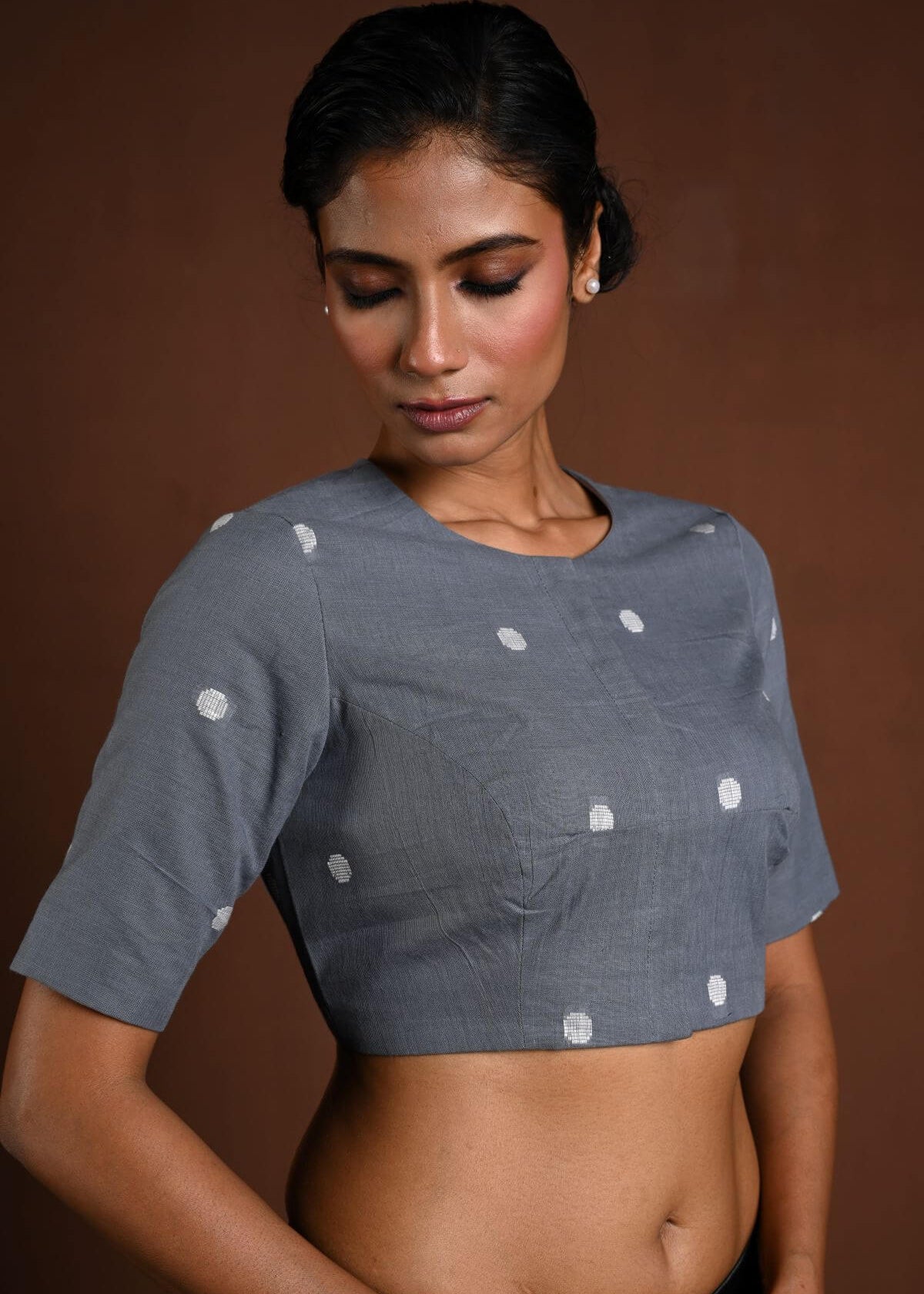 Gray Half Sleeve Blouse in Cotton with High Neck - Anvi Couture - Image 2