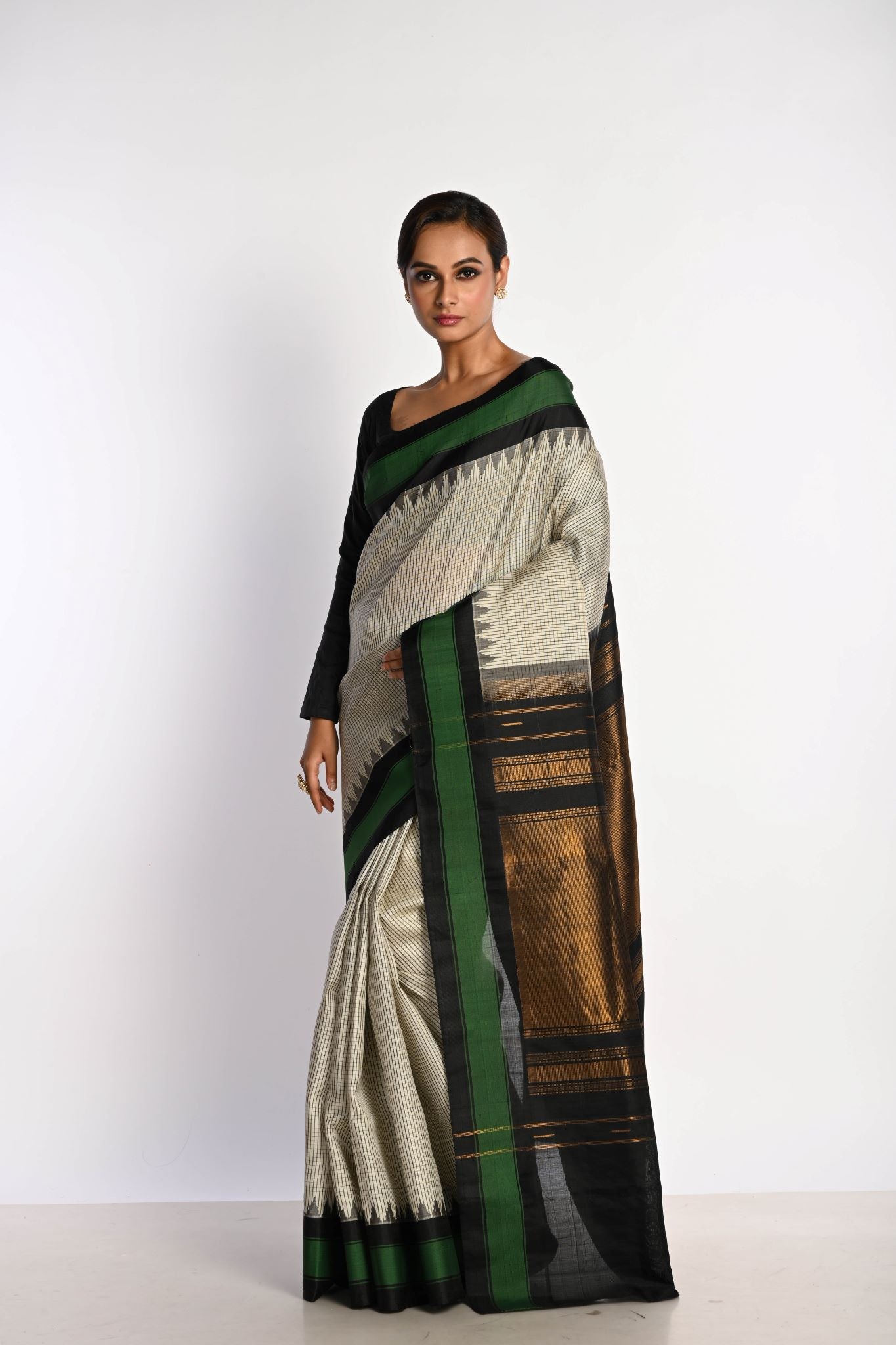 White Handloom Pure Silk Gadwal Saree with Green Border and Checks - Anvi Couture - Image 1