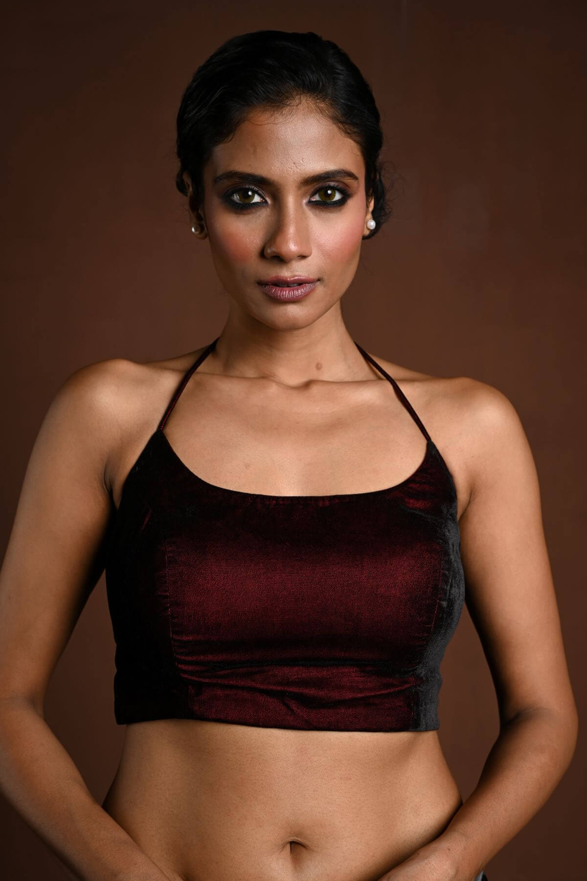 Maroon Halter Neck Velvet Blouse with Dori - Anvi Couture