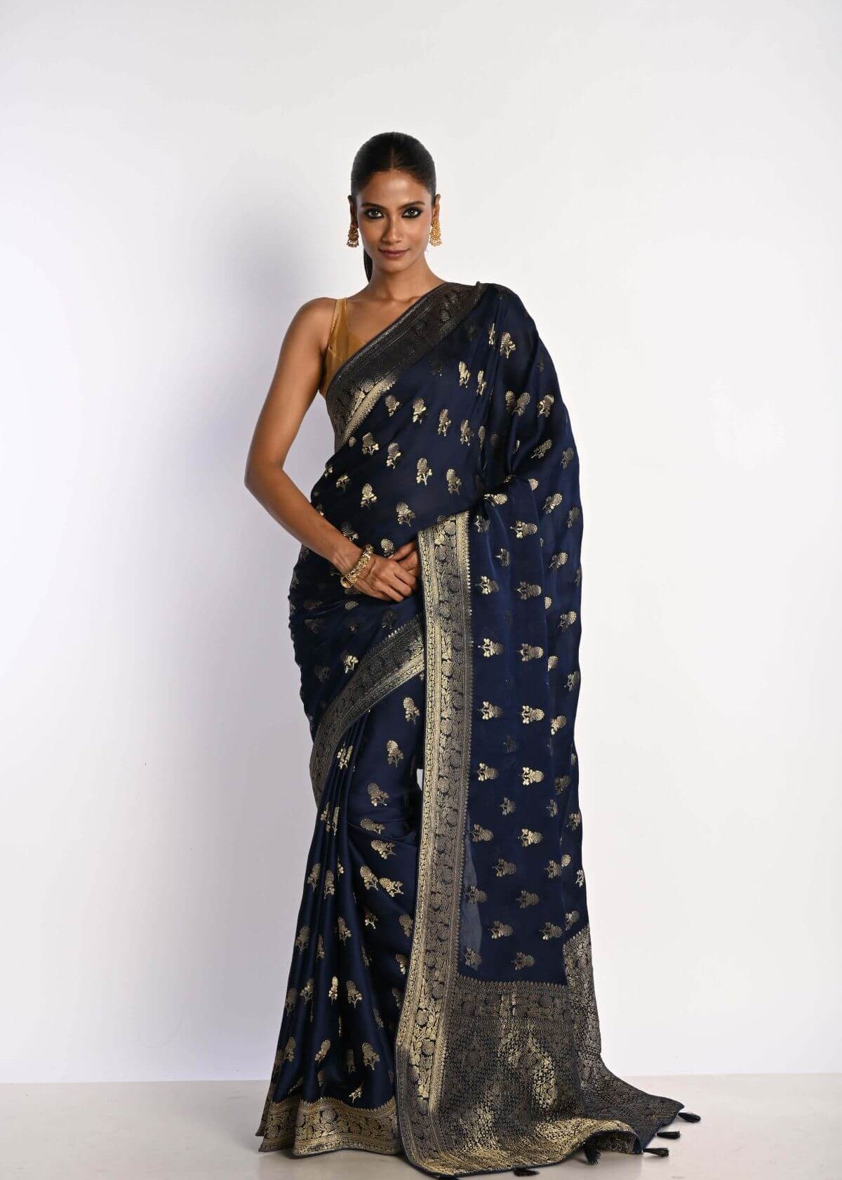 Navy Blue Mashru Satin Silk Banarasi with Matt Gold Zari Work - Anvi Couture