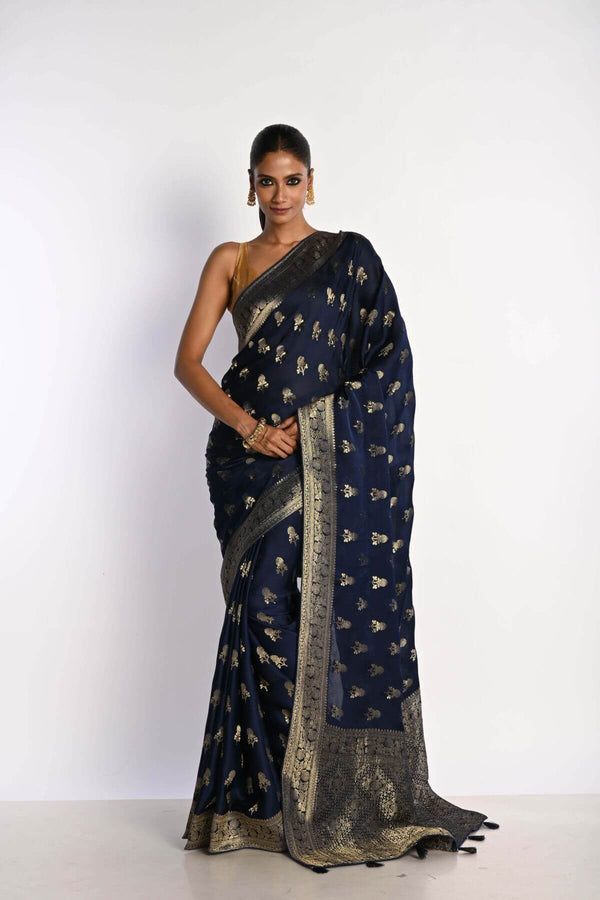 Navy Blue Mashru Satin Silk Banarasi Saree – full front drape view