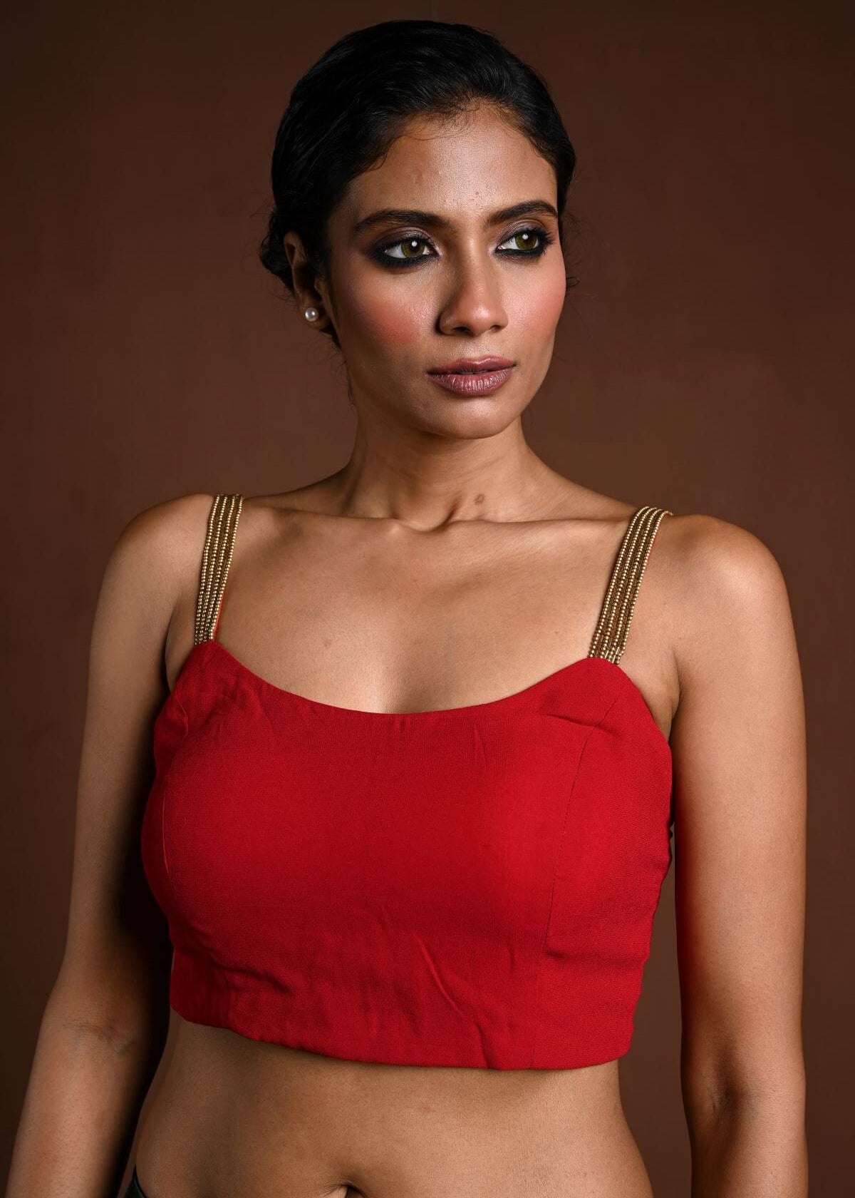 Red Sleeveless Blouse with U Neckline - Anvi Couture