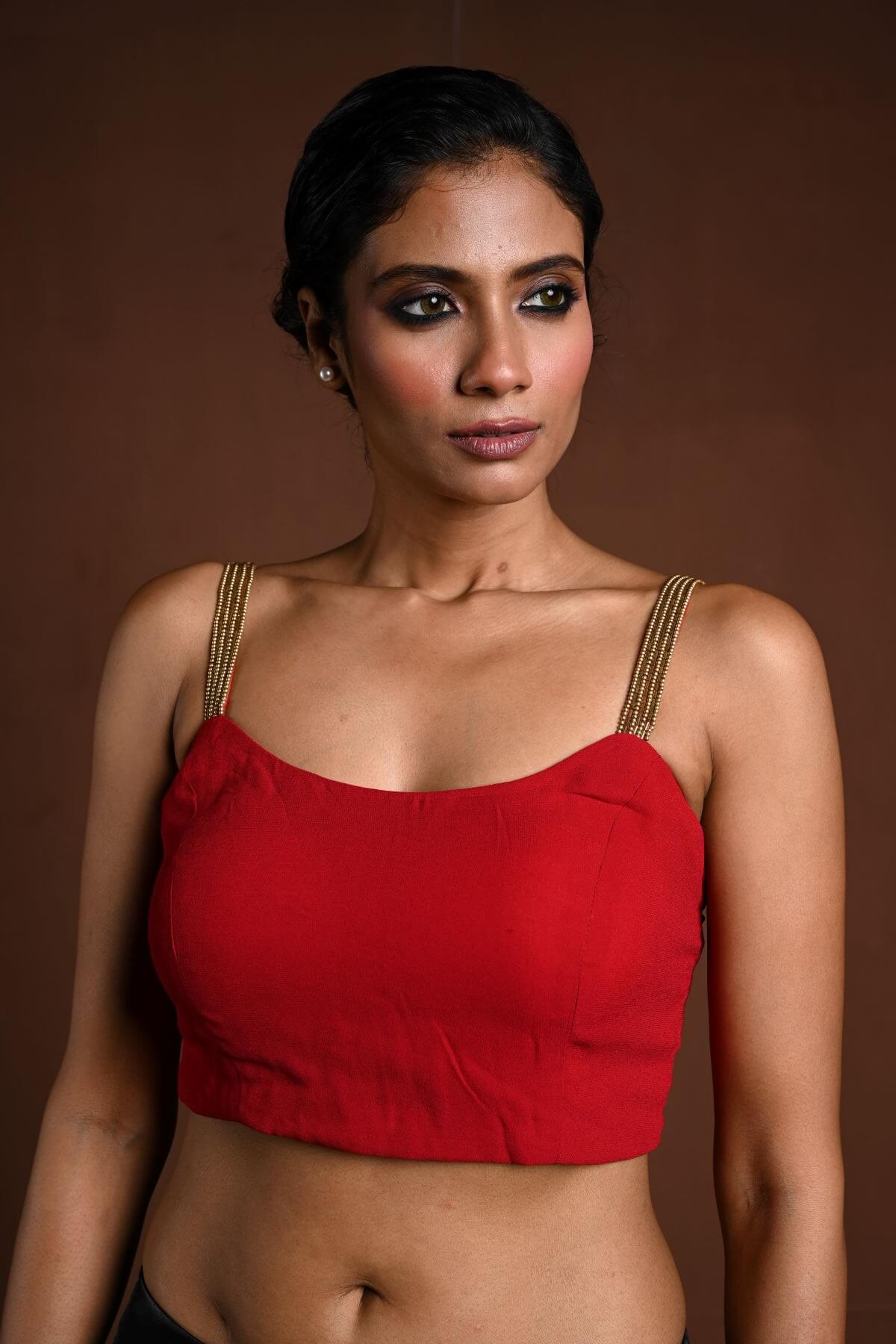 Red Sleeveless Blouse with U Neckline - Anvi Couture