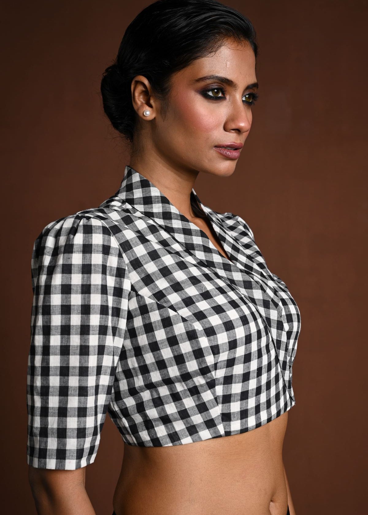 Black and White Gingham Print Blouse in Cotton with Collar - Anvi Couture