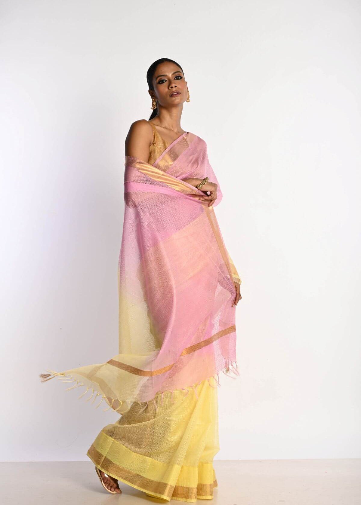 Pink and Yellow Ombre Saree in Silk Linen with Gold Border - Anvi Couture