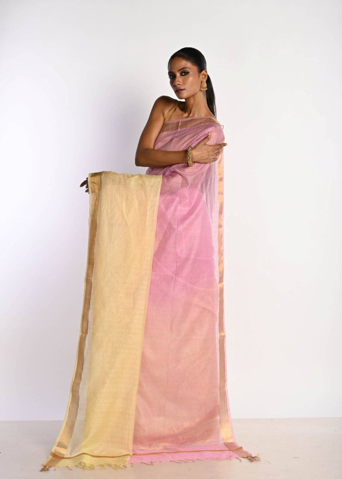 Pink and Yellow Ombre Saree in Silk Linen with Gold Border - Anvi Couture