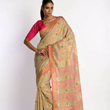 Pista Green Tant Jamdani Saree with All Over Floral Motifs - Anvi Couture