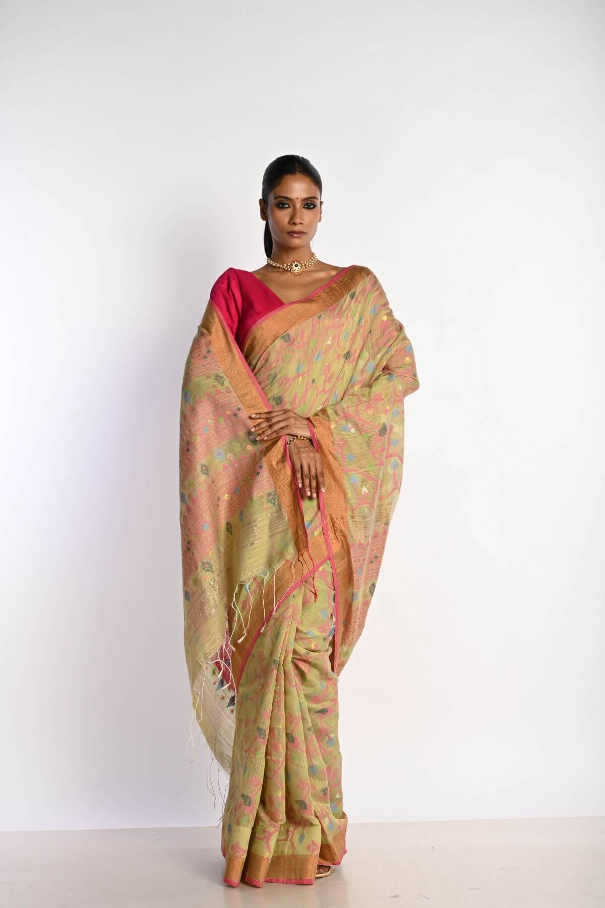 Pista Green Tant Jamdani Saree with All Over Floral Motifs - Anvi Couture