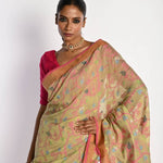 Pista Green Tant Jamdani Saree with All Over Floral Motifs - Anvi Couture