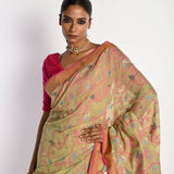 Pista Green Tant Jamdani Saree with All Over Floral Motifs - Anvi Couture