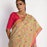 Pista Green Tant Jamdani Saree with All Over Floral Motifs - Anvi Couture