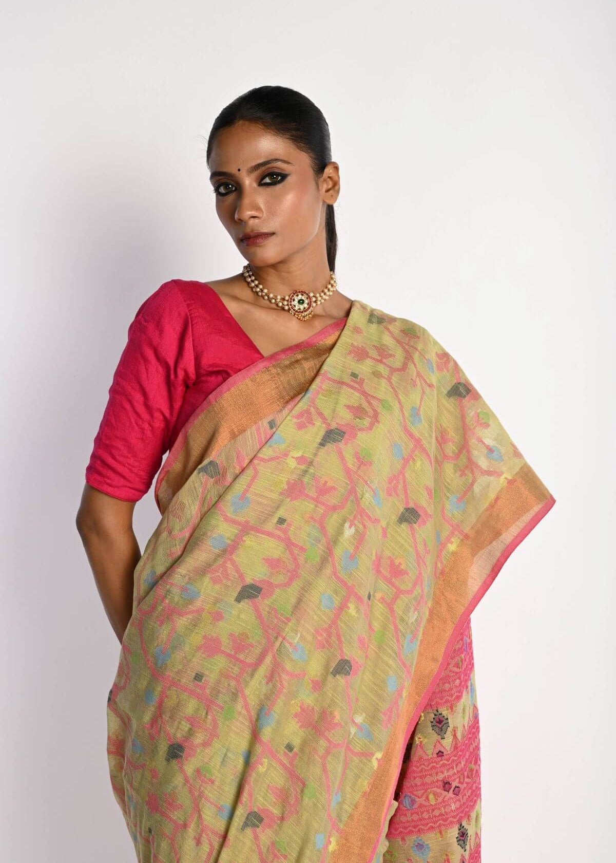 Pista Green Tant Jamdani Saree with All Over Floral Motifs - Anvi Couture