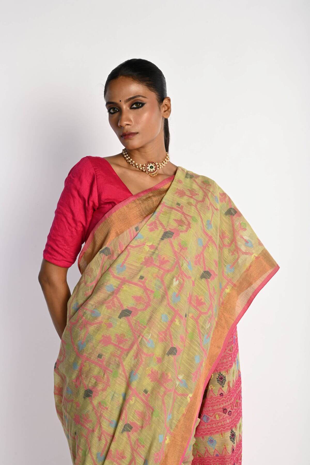 Pista Green Tant Jamdani Saree with All Over Floral Motifs - Anvi Couture