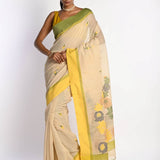 Off White Cotton Tant Jamdani Saree with Yellow Border - Anvi Couture