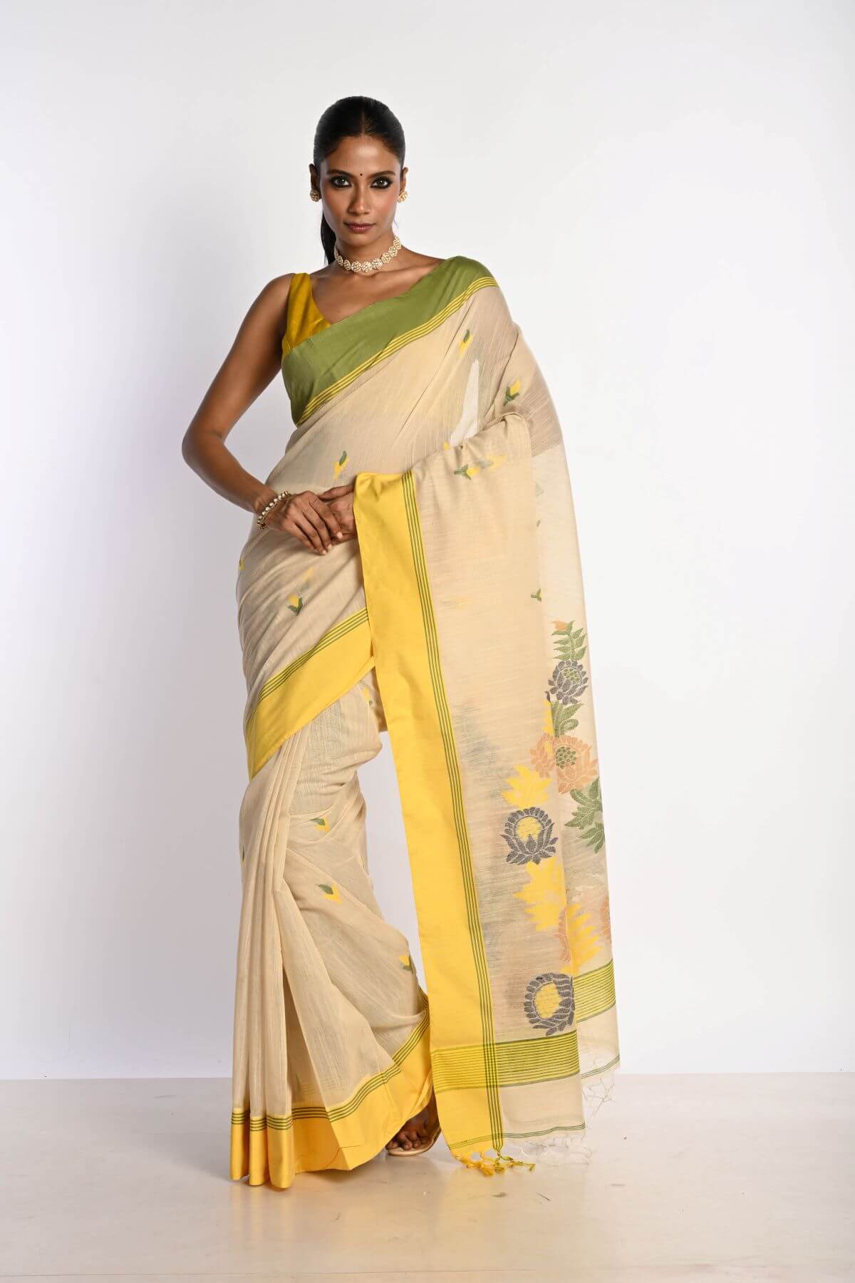 Off White Cotton Tant Jamdani Saree with Yellow Border - Anvi Couture