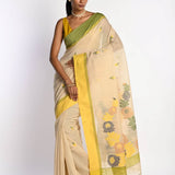 Off White Cotton Tant Jamdani Saree with Yellow Border - Anvi Couture