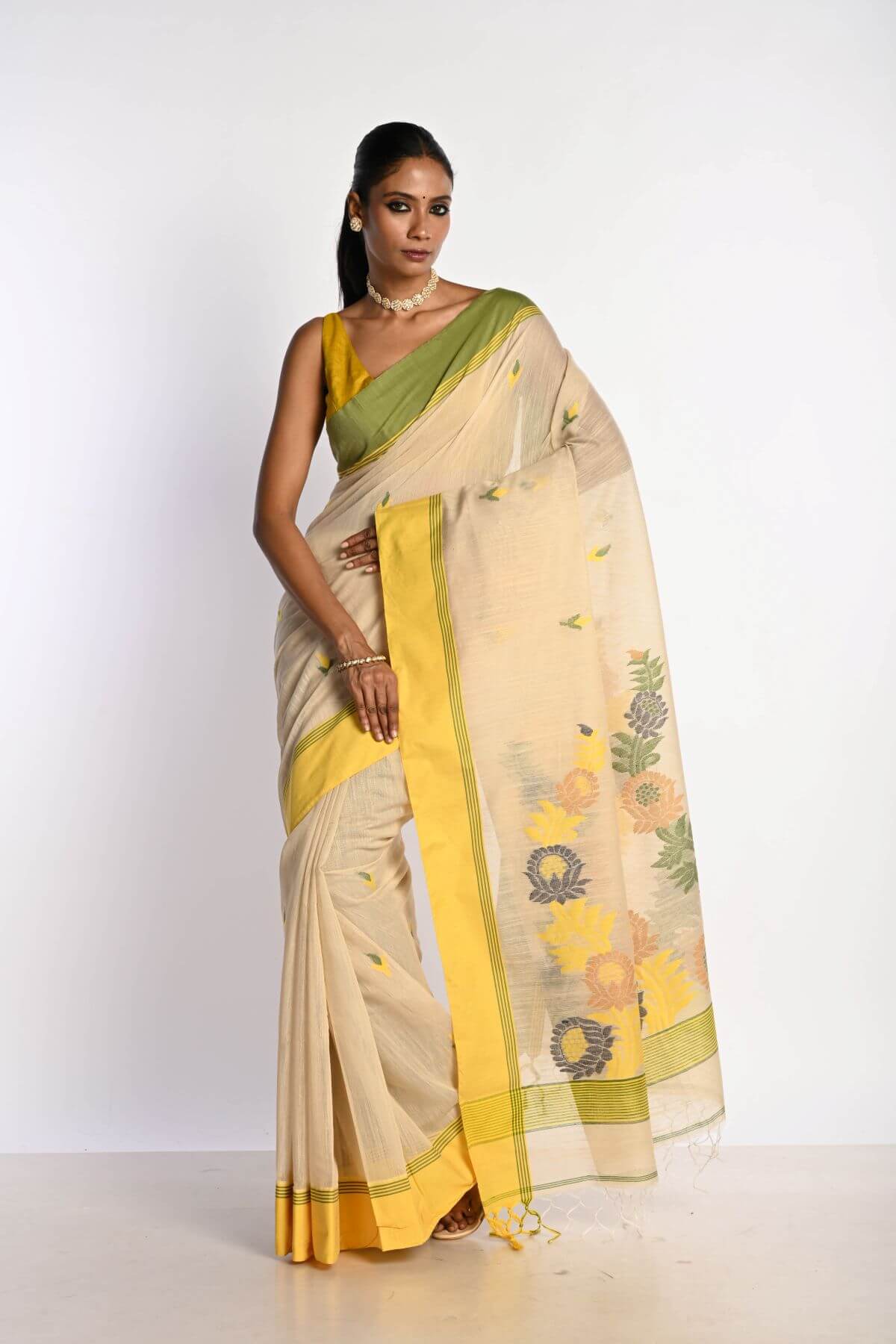 Off White Cotton Tant Jamdani Saree with Yellow Border - Anvi Couture