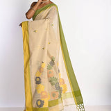 Off White Cotton Tant Jamdani Saree with Yellow Border - Anvi Couture