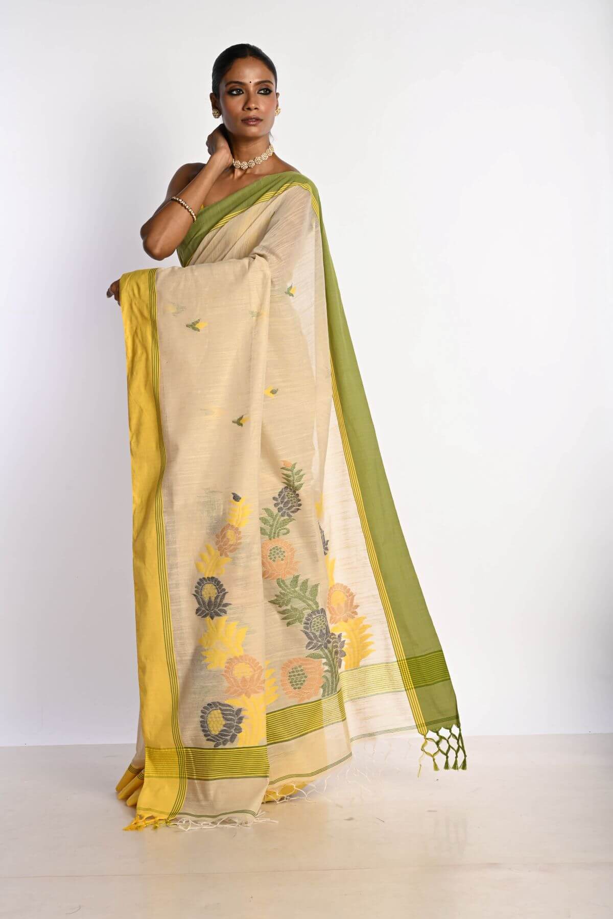 Off White Cotton Tant Jamdani Saree with Yellow Border - Anvi Couture