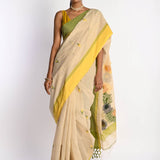 Off White Cotton Tant Jamdani Saree with Yellow Border - Anvi Couture