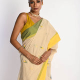 Off White Cotton Tant Jamdani Saree with Yellow Border - Anvi Couture