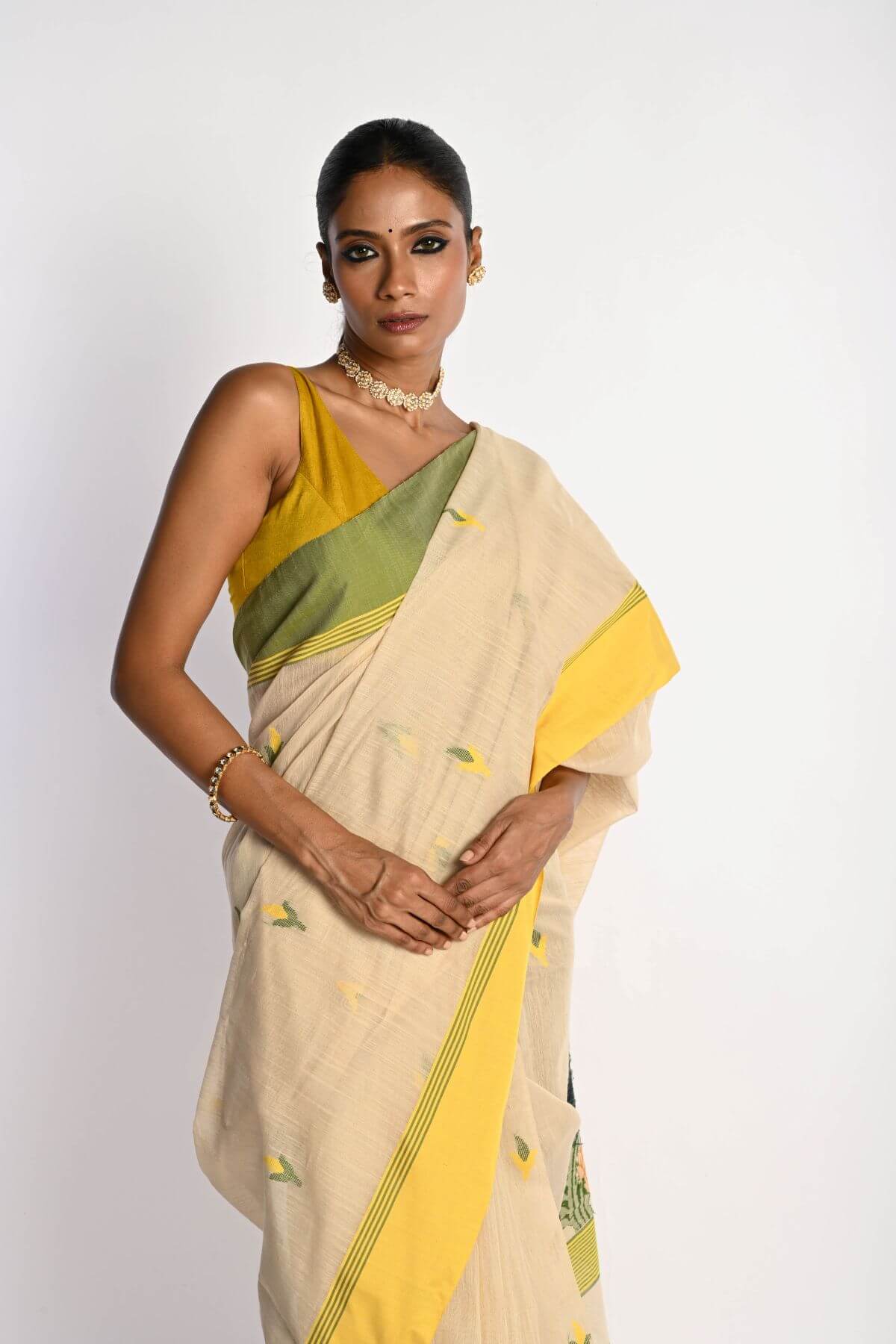 Off White Cotton Tant Jamdani Saree with Yellow Border - Anvi Couture
