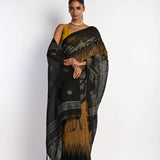 Black and Mustard Yellow Tant Jamdani Saree with Temple Border - Anvi Couture
