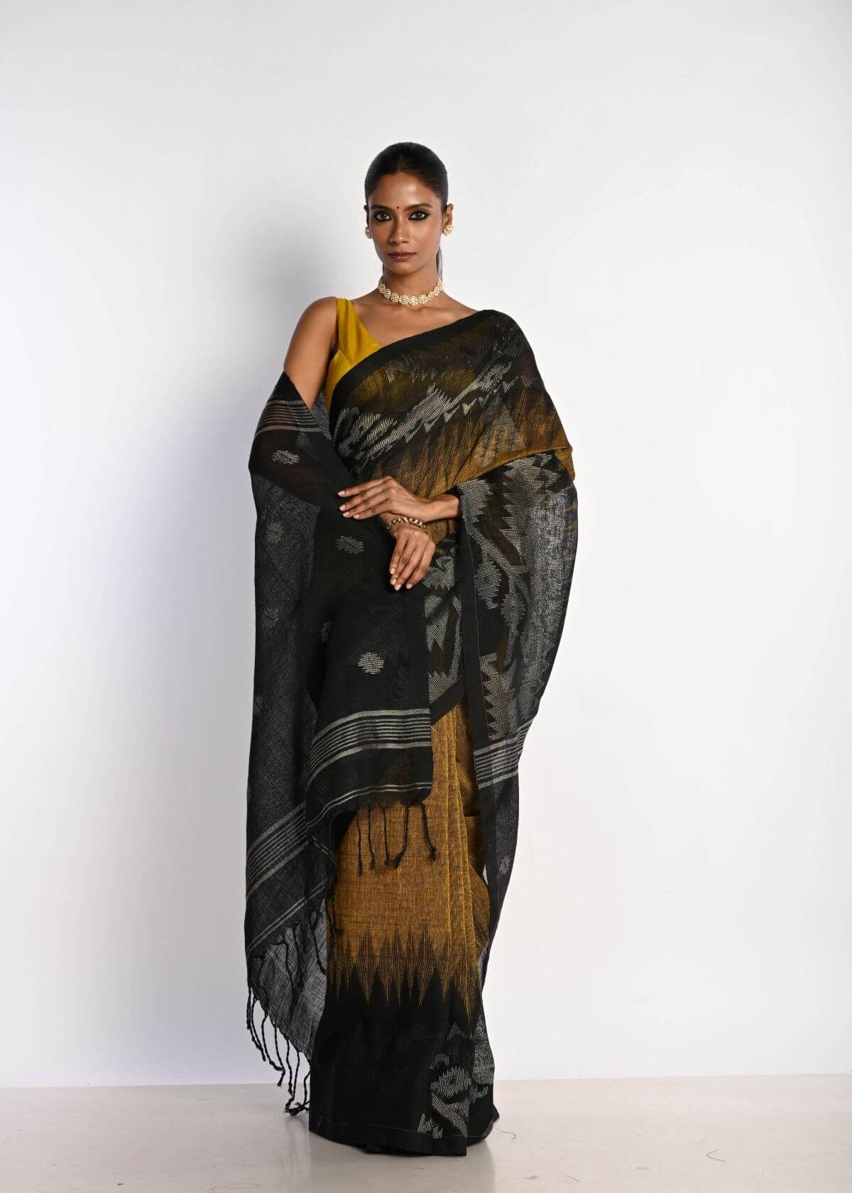 Black and Mustard Yellow Tant Jamdani Saree with Temple Border - Anvi Couture
