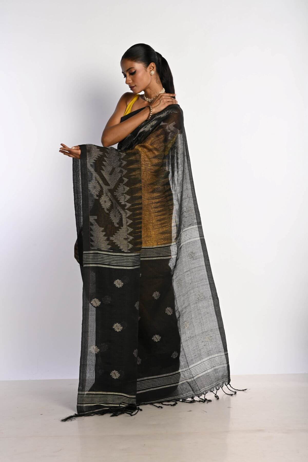 Black and Mustard Yellow Tant Jamdani Saree with Temple Border - Anvi Couture