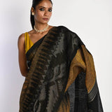 Black and Mustard Yellow Tant Jamdani Saree with Temple Border - Anvi Couture
