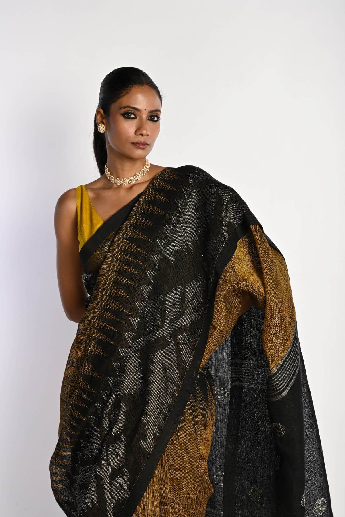 Black and Mustard Yellow Tant Jamdani Saree with Temple Border - Anvi Couture