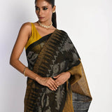 Black and Mustard Yellow Tant Jamdani Saree with Temple Border - Anvi Couture