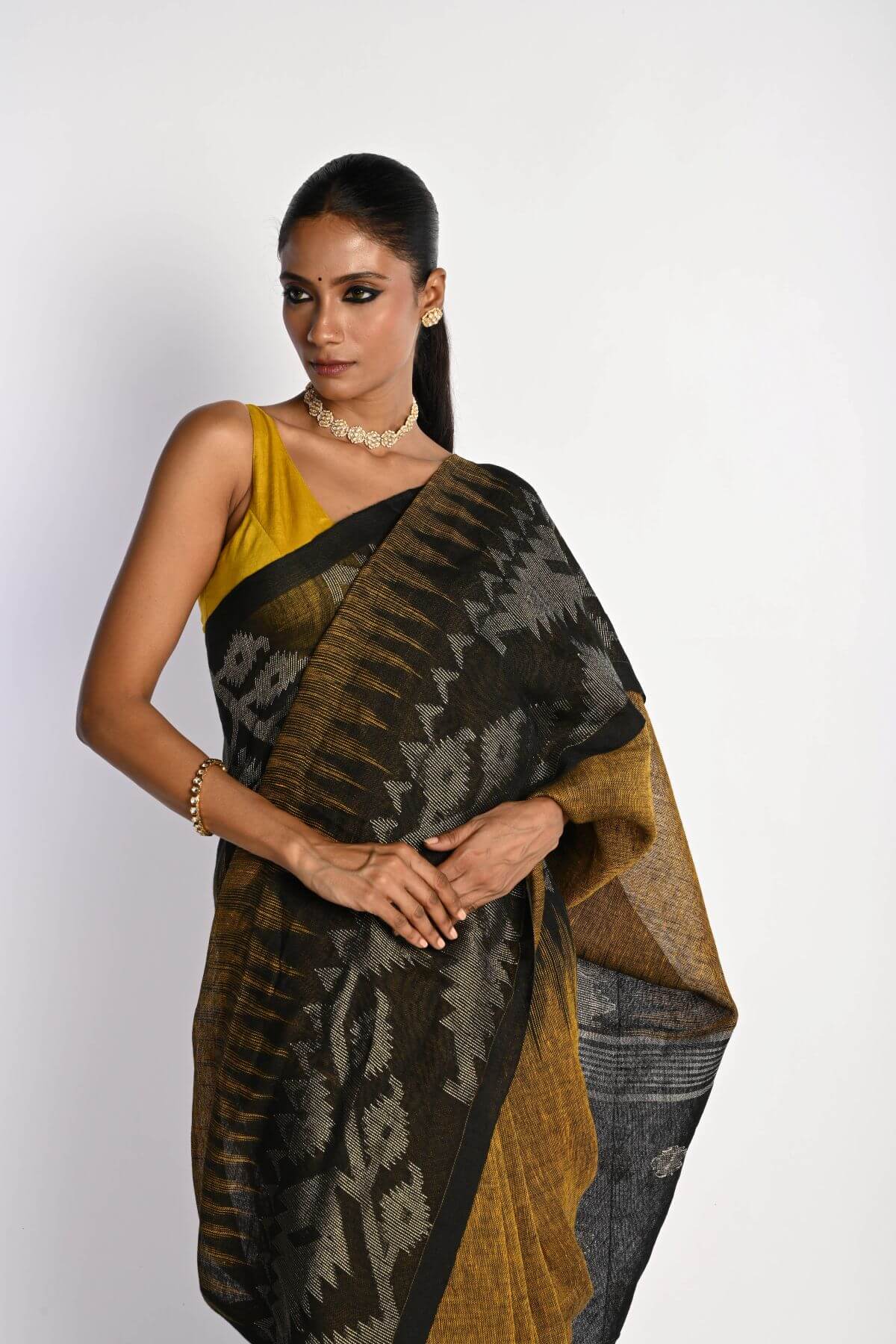 Black and Mustard Yellow Tant Jamdani Saree with Temple Border - Anvi Couture