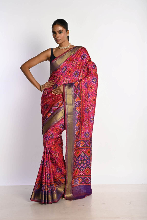 Pink Patola Silk Saree with Contrasting Purple Border - Anvi Couture - Front 1