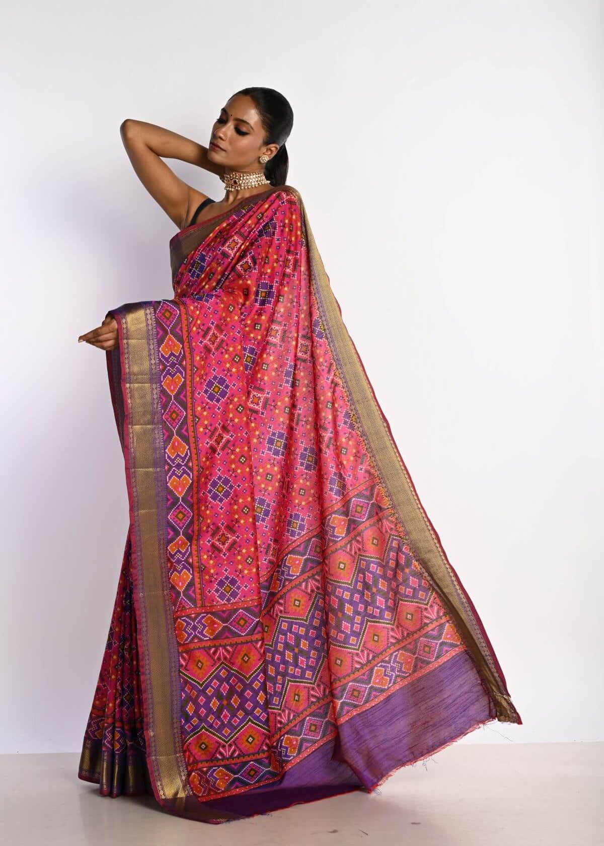 Pink Patola Silk Saree with Contrasting Purple Border - Anvi Couture
