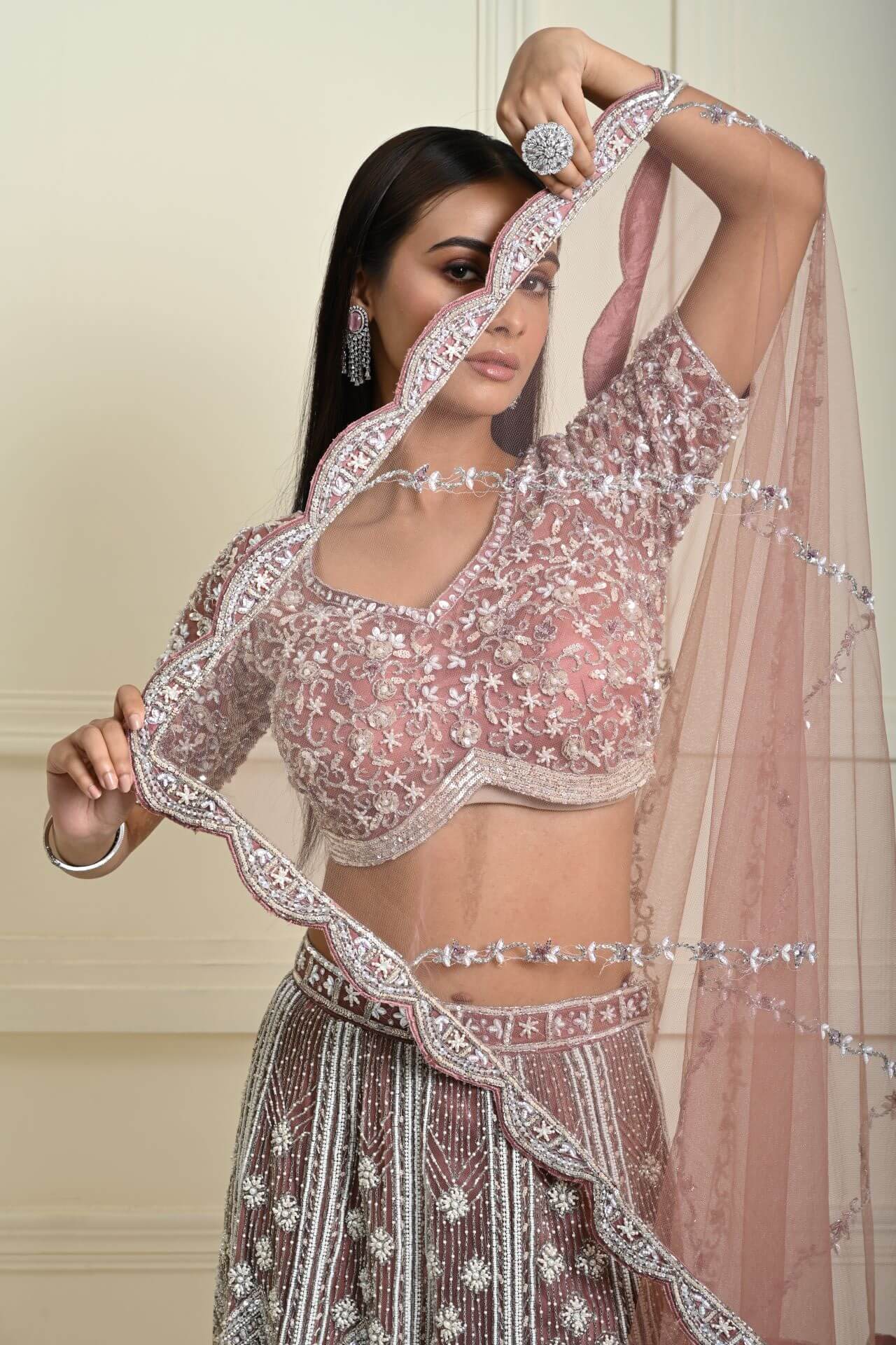 Dusty Pink Bridal Lehenga Set in Net with All Over Embroidery and Dupatta