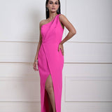 Fuchsia (Fusia) Pink One Shoulder Maxi Dress with Front Slit