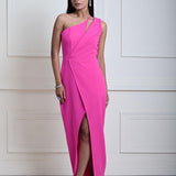 Fuchsia (Fusia) Pink One Shoulder Maxi Dress with Front Slit
