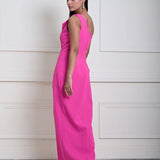 Fuchsia (Fusia) Pink One Shoulder Maxi Dress with Front Slit