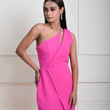 Fuchsia (Fusia) Pink One Shoulder Maxi Dress with Front Slit