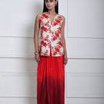 Floral Handmade Thread Work Jacket in Tussar with Red Ombre Draped Skirt
