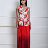 Floral Handmade Thread Work Jacket in Tussar with Red Ombre Draped Skirt