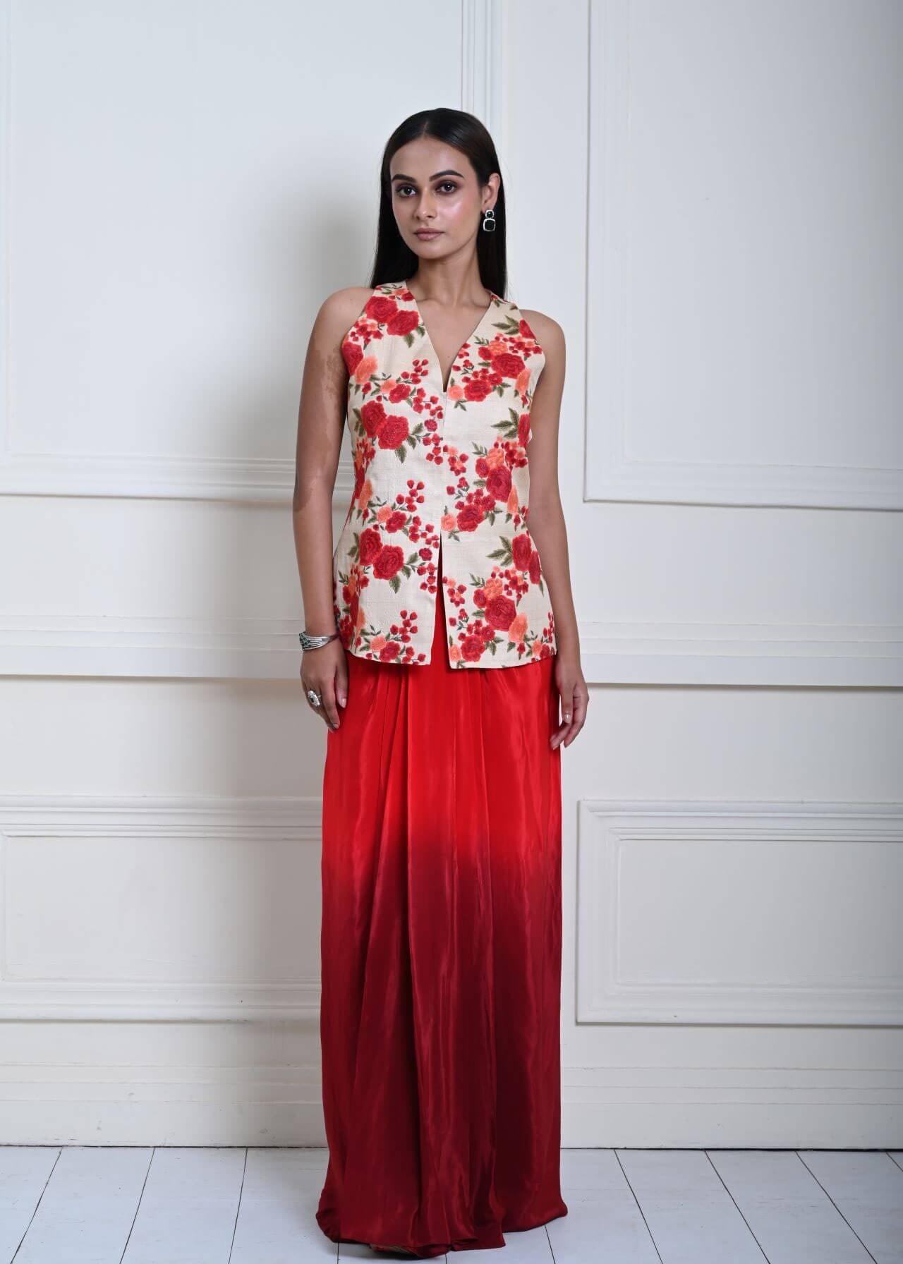 Floral Handmade Thread Work Jacket in Tussar with Red Ombre Draped Skirt