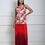 Floral Handmade Thread Work Jacket in Tussar with Red Ombre Draped Skirt
