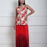 Floral Handmade Thread Work Jacket in Tussar with Red Ombre Draped Skirt